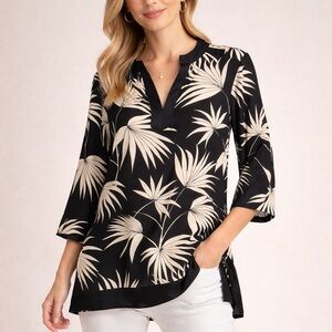 Tommy Bahama 100% Silk Palm Leaf Tunic Top Black Ivory Tropical Size M